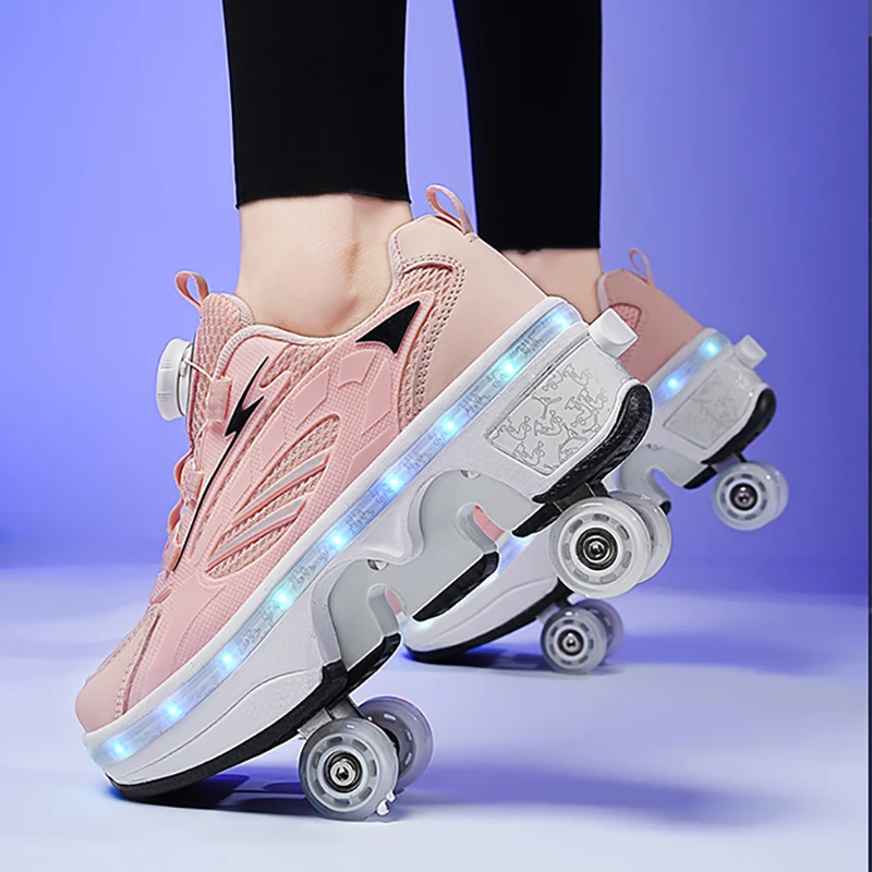 Fashion youth roller skates outdoor wheel shoes with lights multi-function rotary buckle wheel sports shoes