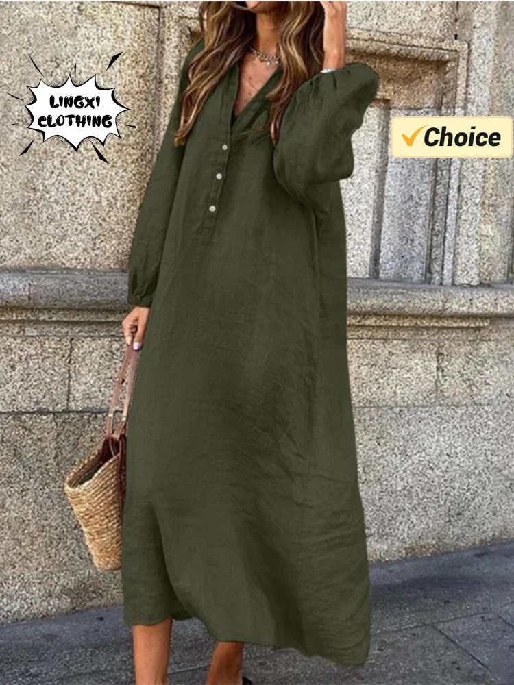 2024 Summer Fashion Cotton and Hemp Long Casual Solid Color Dress V-neck Elegant Half Open Front Women\'s Long Sleeved Robe