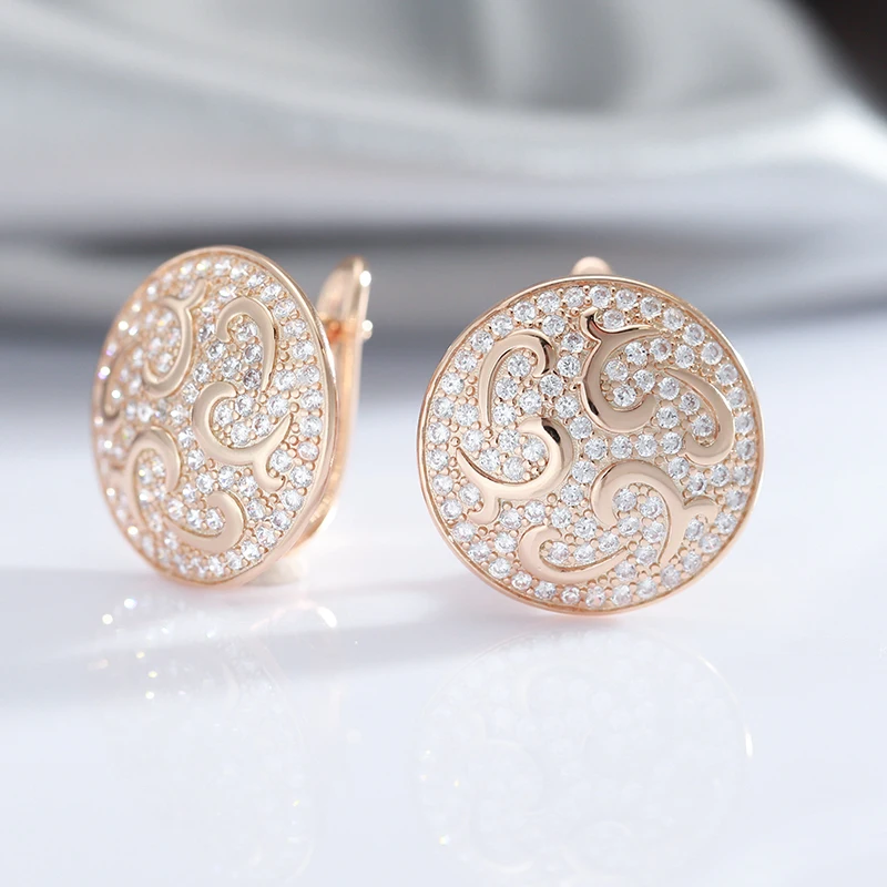 Luxury Full Bling Zircon Women's Round Earrings 585 Rose Gold Smooth Clip Earrings Wedding Party Fashion Fine Jewelry