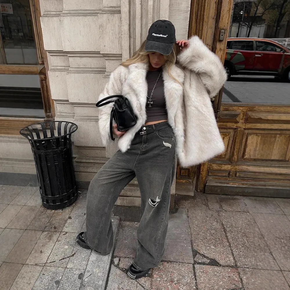 Lapel White Short Faux Fur Jacket Solid Women Fox Furry Jackets Fluffy Thick Warm Plush Coat Outercoats Loose Elegant Offce Lady