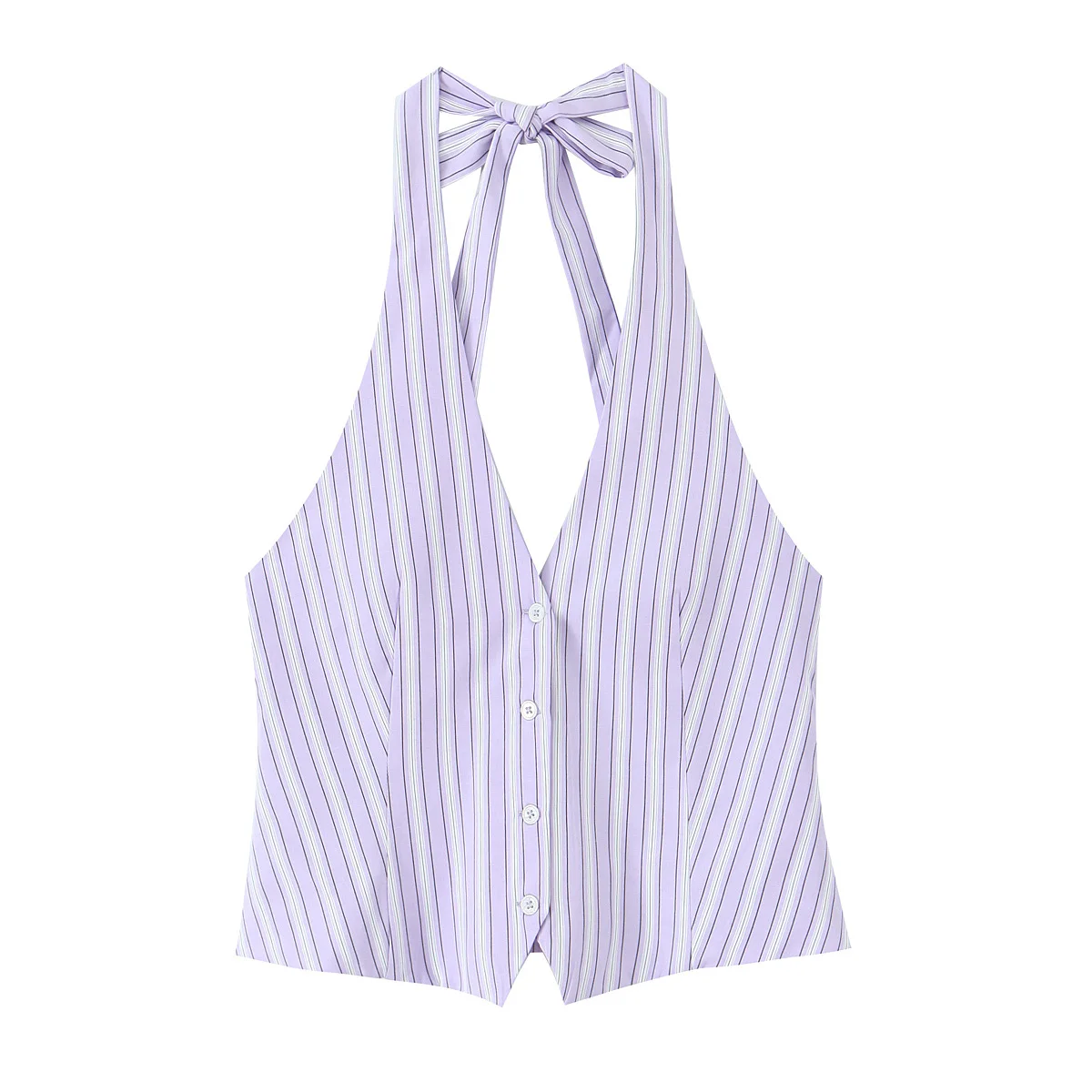 RARA2025 신상 여름 여성 캐주얼 패션 심플 싱글 버튼 홀터넥 민소매 탑 + 밴딩 와이드 레그 반바지