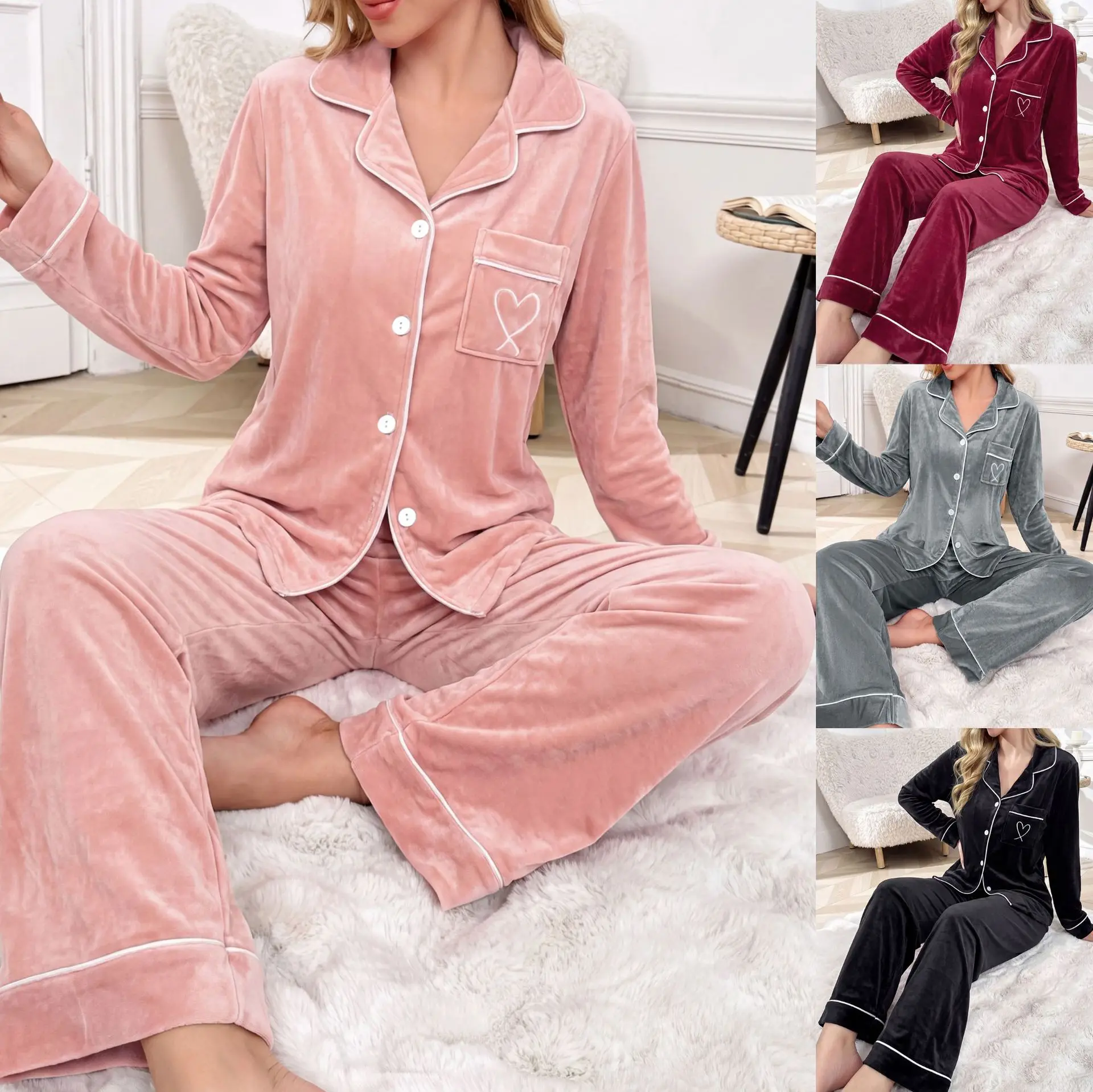 American-Style Autumn and Winter Women's Thick Plush Pajamas with Heart Embroidery, Fashionable Cardigan, Casual Homewear Set