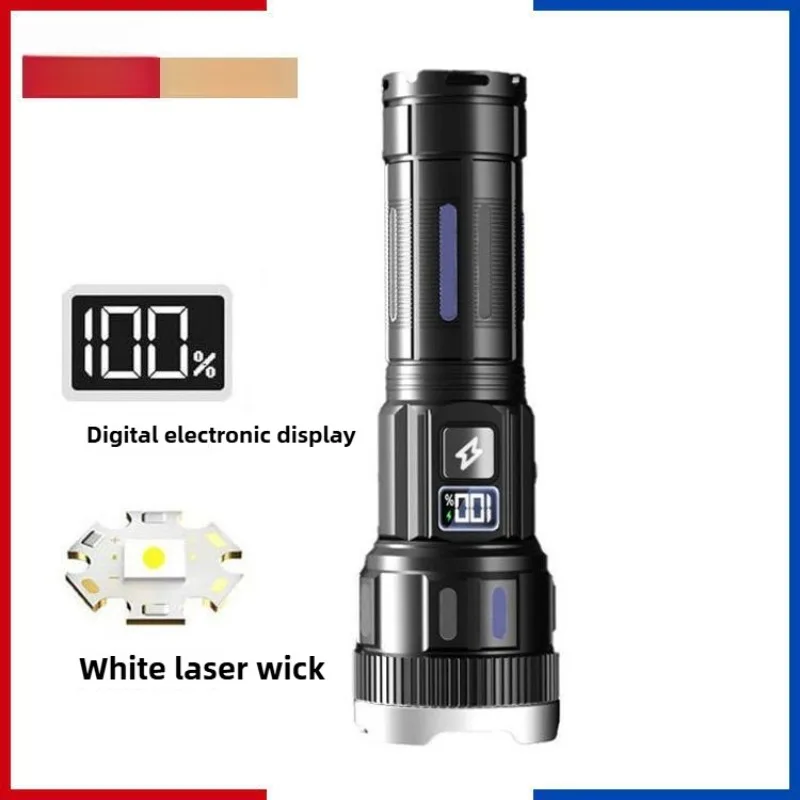 High-Power White Laser Flashlight - Super Bright, Digital Display, Rechargeable Zoomable, Long-Lasting, Dual Use as Work Light