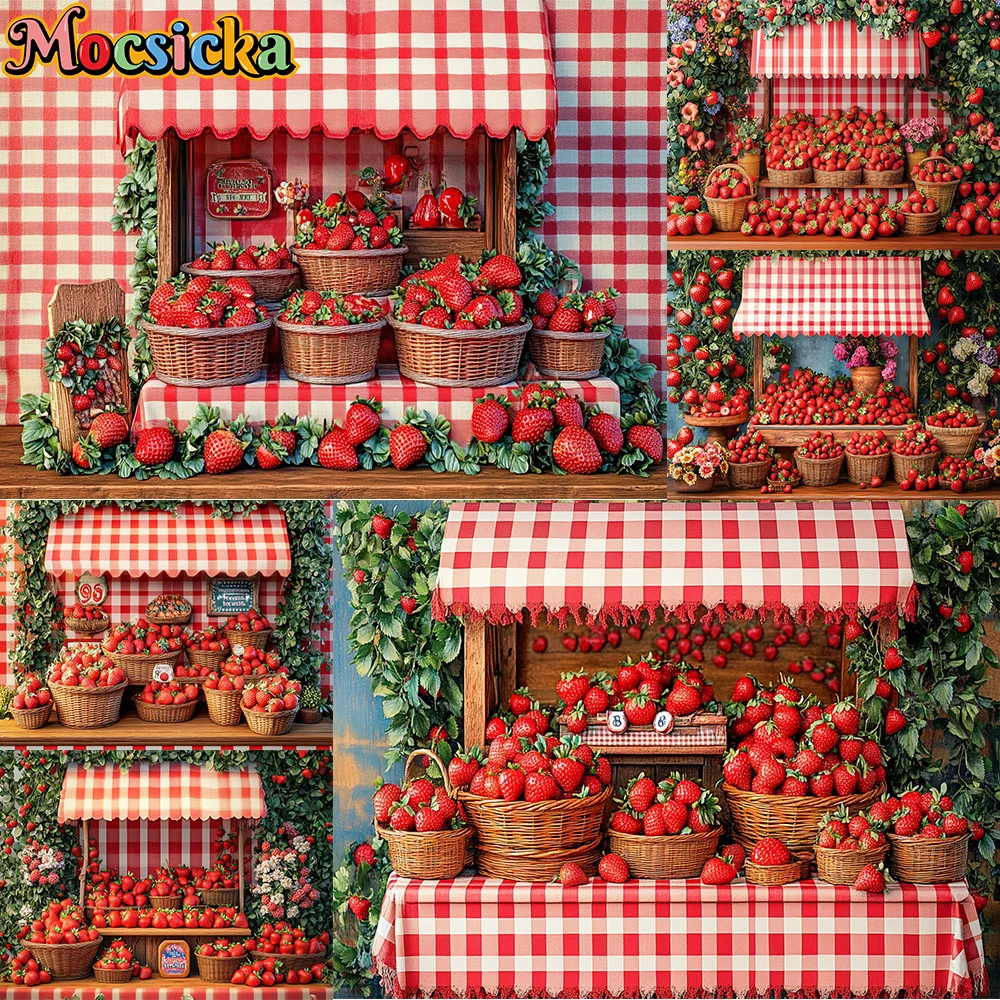 Mocsicka fotografia fundo vermelho morango loja cesta de flores decoração pano de fundo chá de bebê recém-nascido primeiro aniversário baile