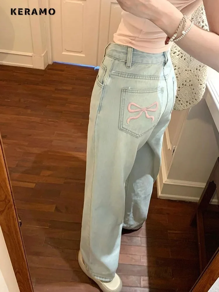 

2024 Summer Women's Casual Harajuku Jeans Vintage Sweet Loose Fit Bow Embroidery Pants Y2K Wide Leg Baggy Denim Trouser