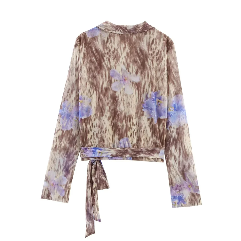 Women's V-neck Printed Silk Mesh Double breasted Top and Pants Spring/Summer New Women's Clothing