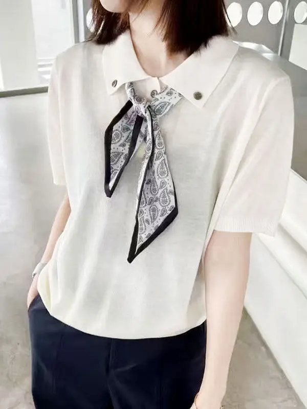Elegant  Neck Silk Scarf Short Sleeve Knitted Sweater Women's plus Size Lightweight Slimming Top Trendy Casual Wear