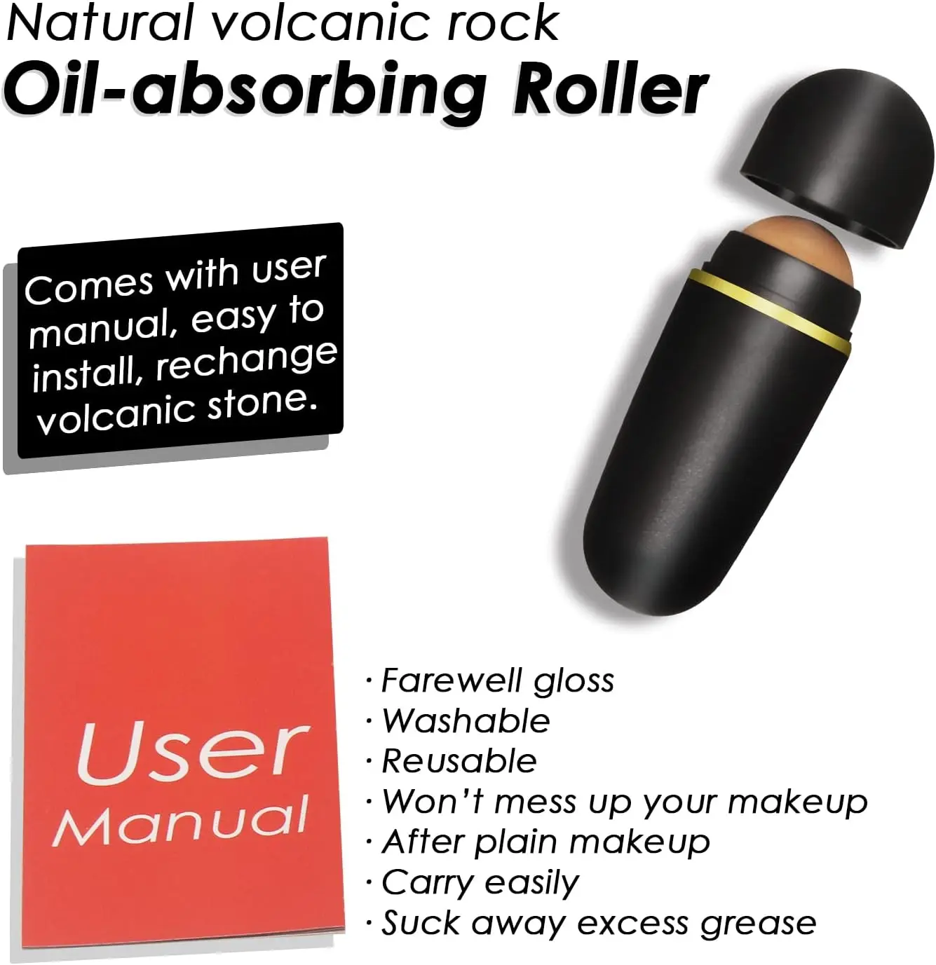 Oil Absorbing Volcanic Face Roller, Portable Reusable Oil Control On the Go, Instant Results Remove Excess Shine for Oily Skin