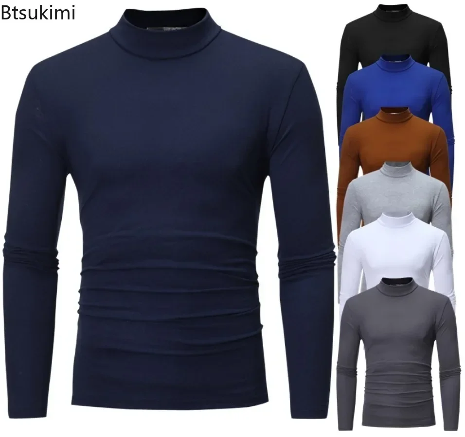 

2025 Men's Casual Slim Basic Cotton T-shirts Turtleneck Pullovers Long Sleeve Tees Spring Autumn Solid Bottoming Tops for Men