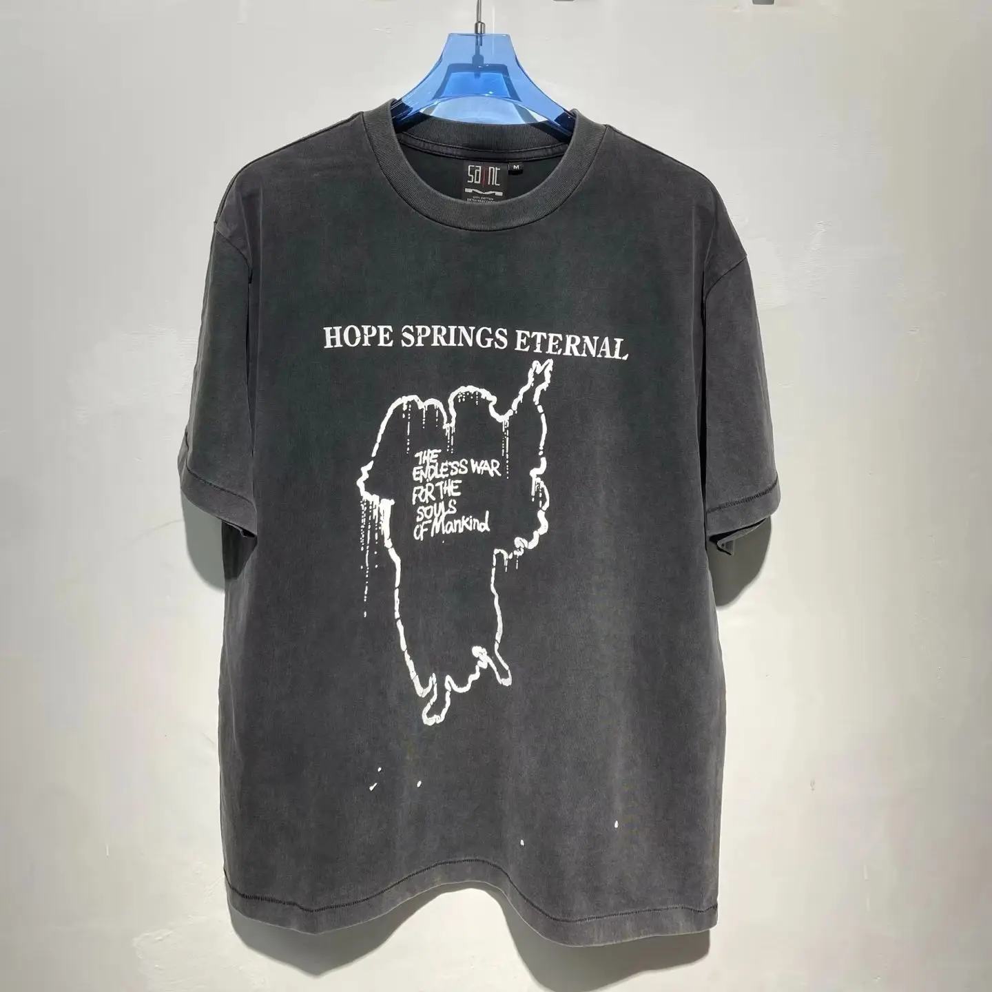 Vintage American Letter Splatter Print Washed Distressed Short Sleeve T Shirt Men Women Couple Casual Tops