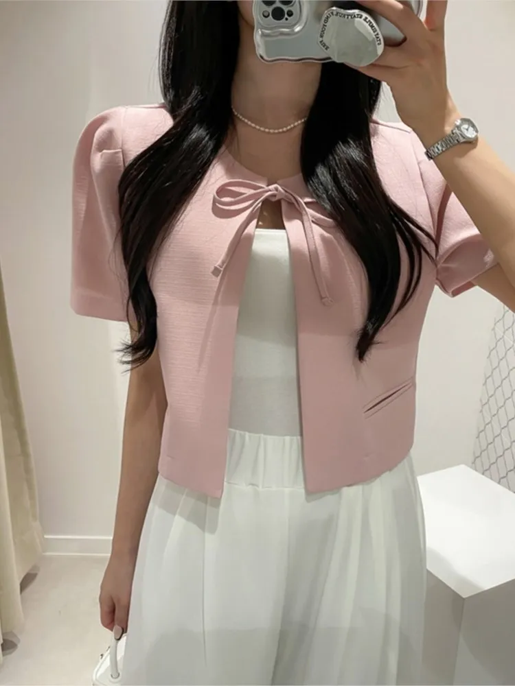 Summer Puff Short Sleeve Tops Women Sweet Bow Pleated Fashion Pink Ladies Cropped Coats Korean Style Woman Tops