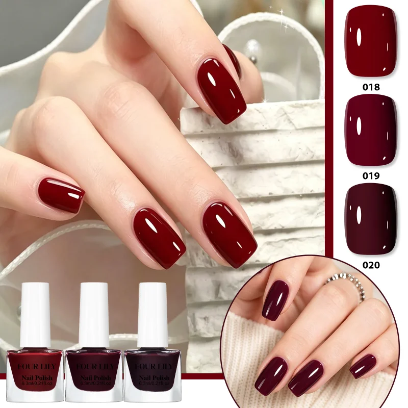 3pcs 6.3ml Water-based Nail Polish Set Burgundy Wine Red Series Peel Off Removable Quick Dry Regular Nail Varnish No UV Lamp