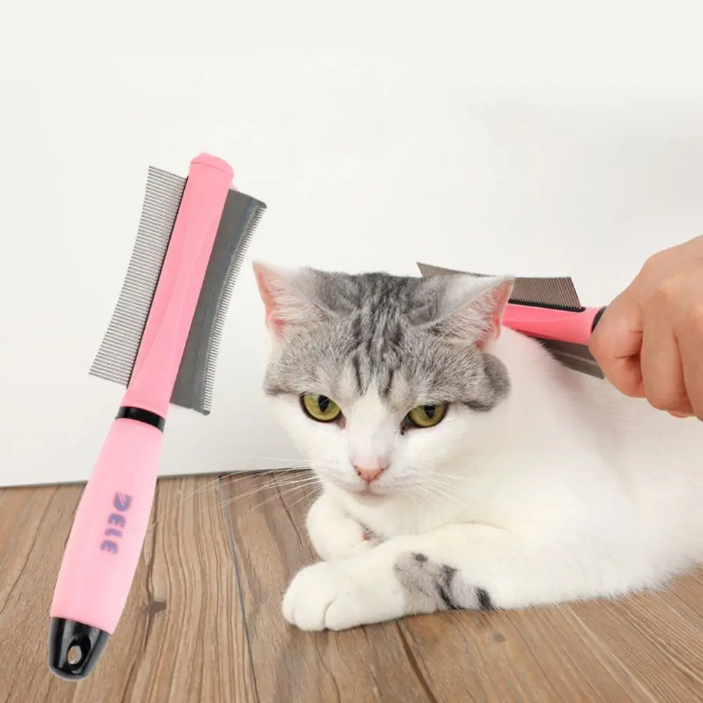 Doppelseitiger Haarkamm zum Entfernen von Hunden und Katzen, Silikon-Edelstahl-Katzen-Enthaarungsbürste, bequemer Griff, Blau/Rosa