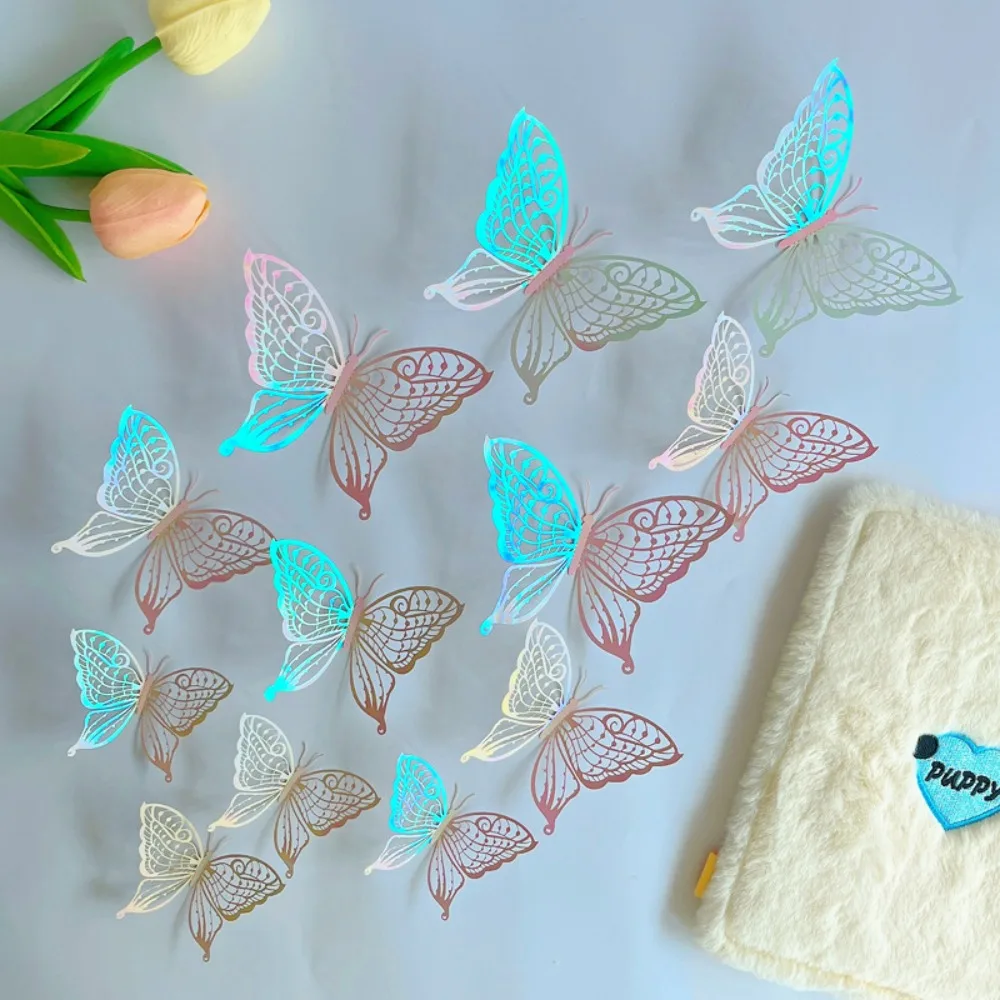12pcs/set Colorful Hollow Butterfly Sticker Exquisite DIY 3D Butterfly Wall Decor Cartoon 3 Sizes Simulation Butterfly Ornaments