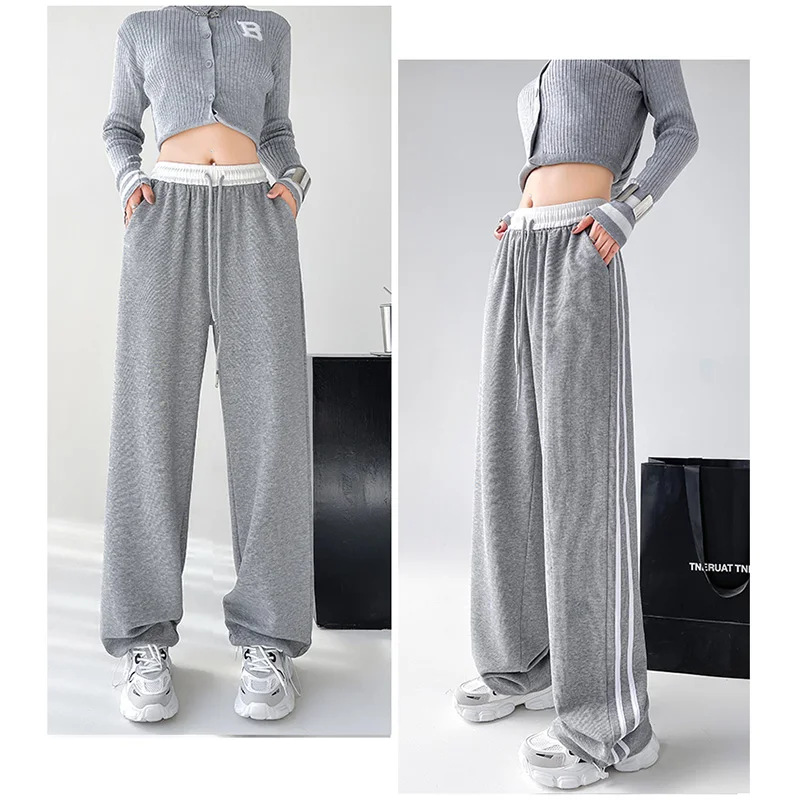 Spring Women Classic Stripe Sweatpants Lady High Waisted Designer Sports Trousers Female Daily Elastic Lace Up Wide Leg Pants