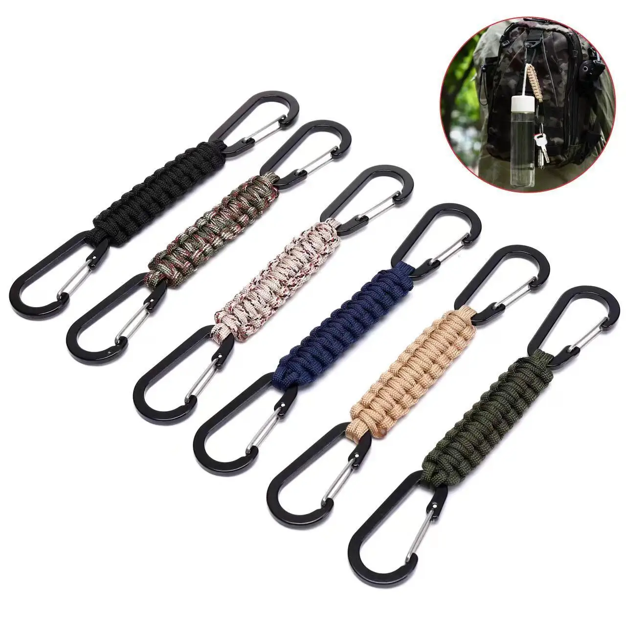 Paracord Keychain Dual Carabiner Clip Braided Lanyard Survival Emergency Knot Tools For Keys Outdoor Camping Hiking Backpack