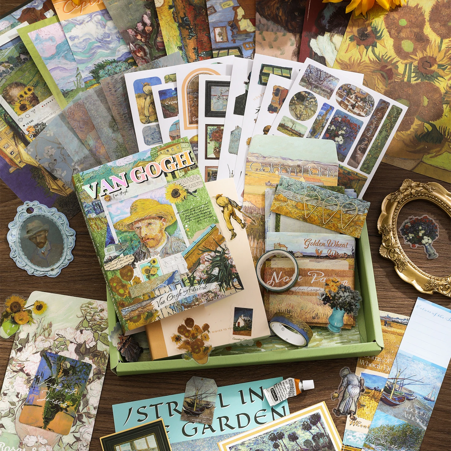Van Gogh Art Themed Stationery Gift Box, Famous Painting Scrapbook Supplies Kit with Stickers Washi Tape Note Paper for Journal