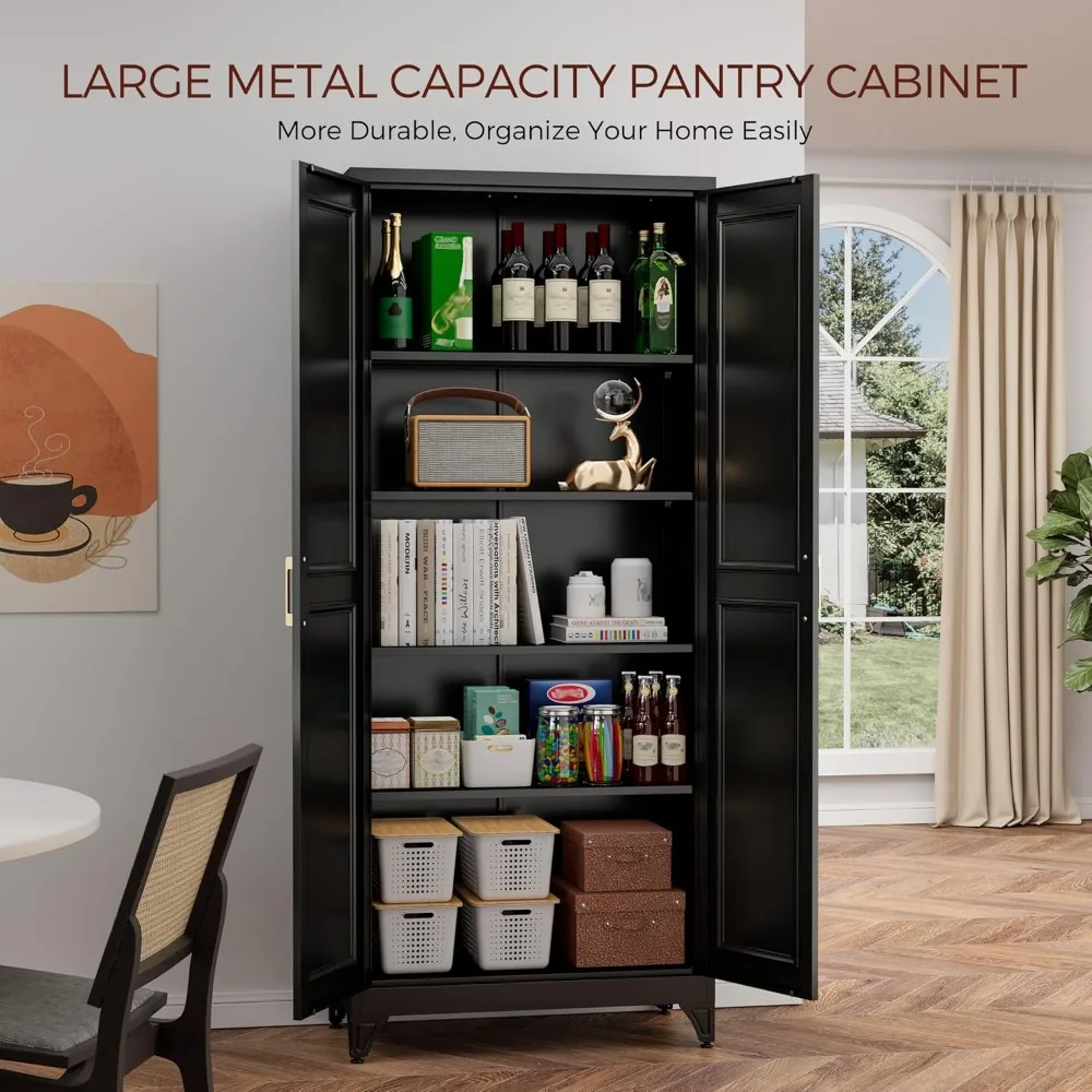 

75" Kitchen Pantry Cabinet, Black Metal Storage Cabinets with 2 Doors and 4 Adjustable Shelves, Tall Pantry Storage