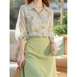Femme Spring Summer Korean Fashion Printing Button Polo Collar Women Shirts Two-piece Set Simplicity Fashionable Long Sleeve Top