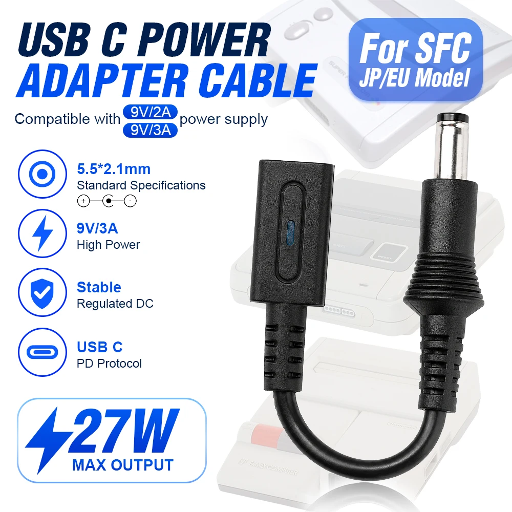 PD 9V USB-C-auf-DC-5,5x2,1-mm-Kabel mit negativem Mittelanschluss für Famicom SFC MD1 Genesis1 PCEngine US NES Retro-Spielkonsole