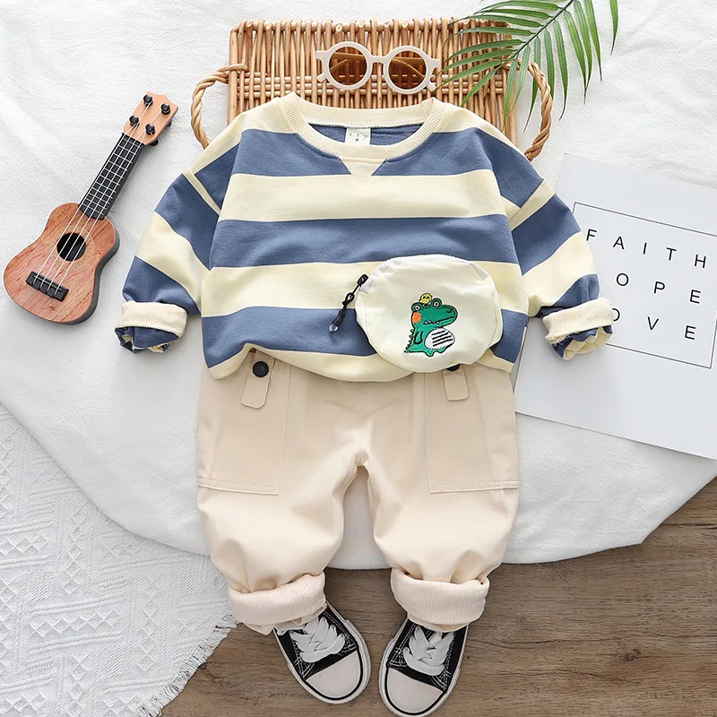 Autumn Children Clothes Set Striped Long Sleeve Boys Casual Cartoon T-shirt Pants Set 2 Pieces Baby Boy Clothing