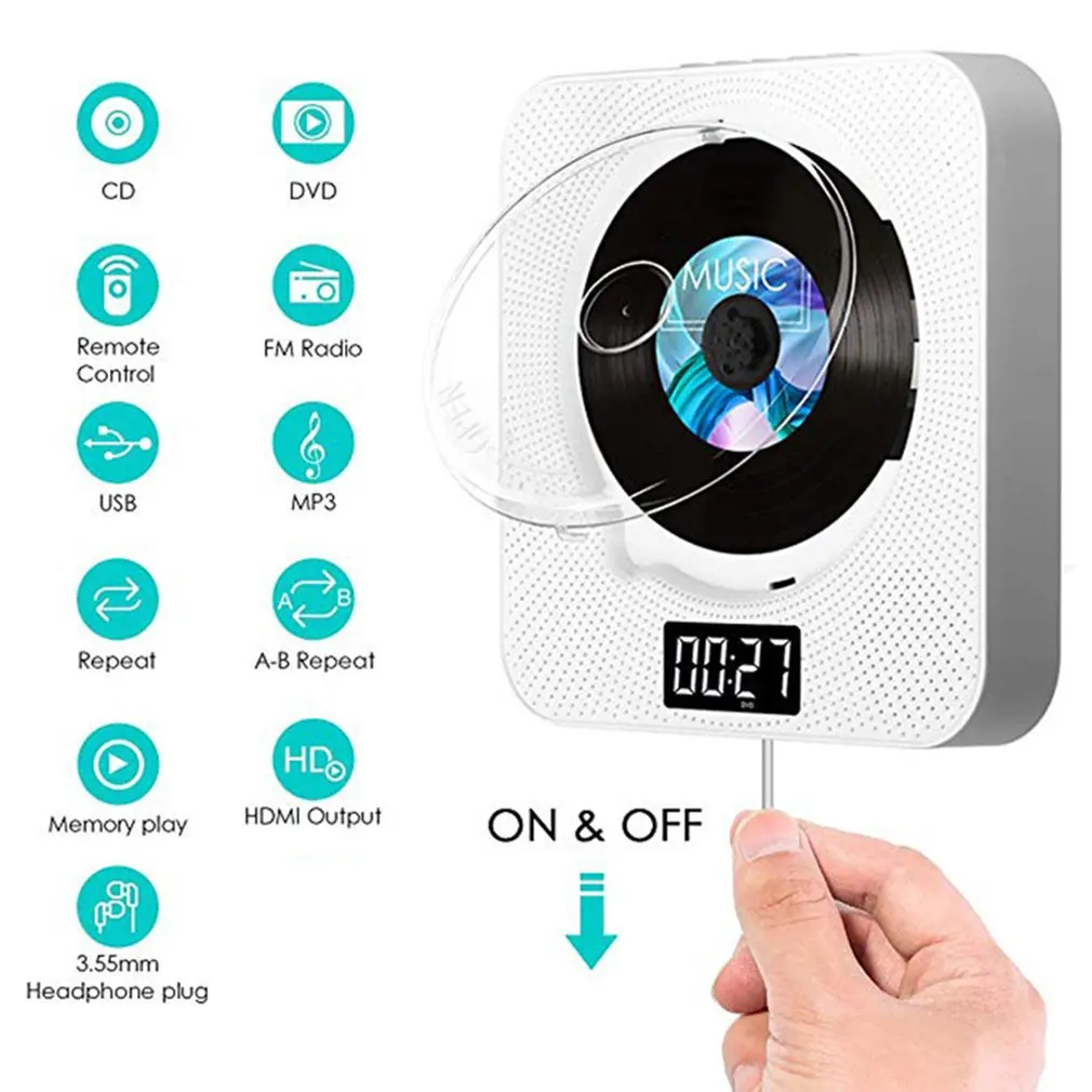 BT Wall Mounted DVD/CD Player With Bluetooth-compatible Remote Control Stereo FM Radio HiFi Music Built-in Speaker for TV Home