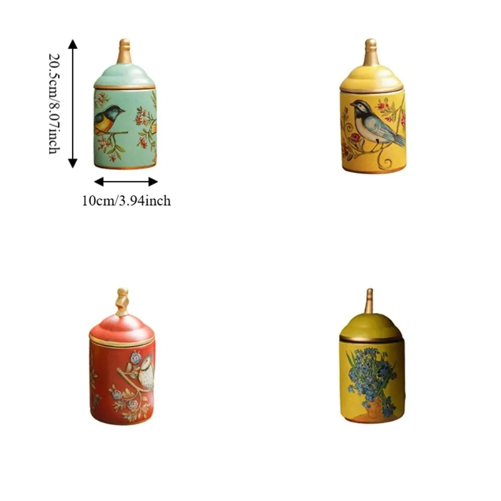 Ceramic American Rustic Style Tea Canister Bird Printing Vintage Candy Pot Moisture-proof Kitchen Storage Jar Gift