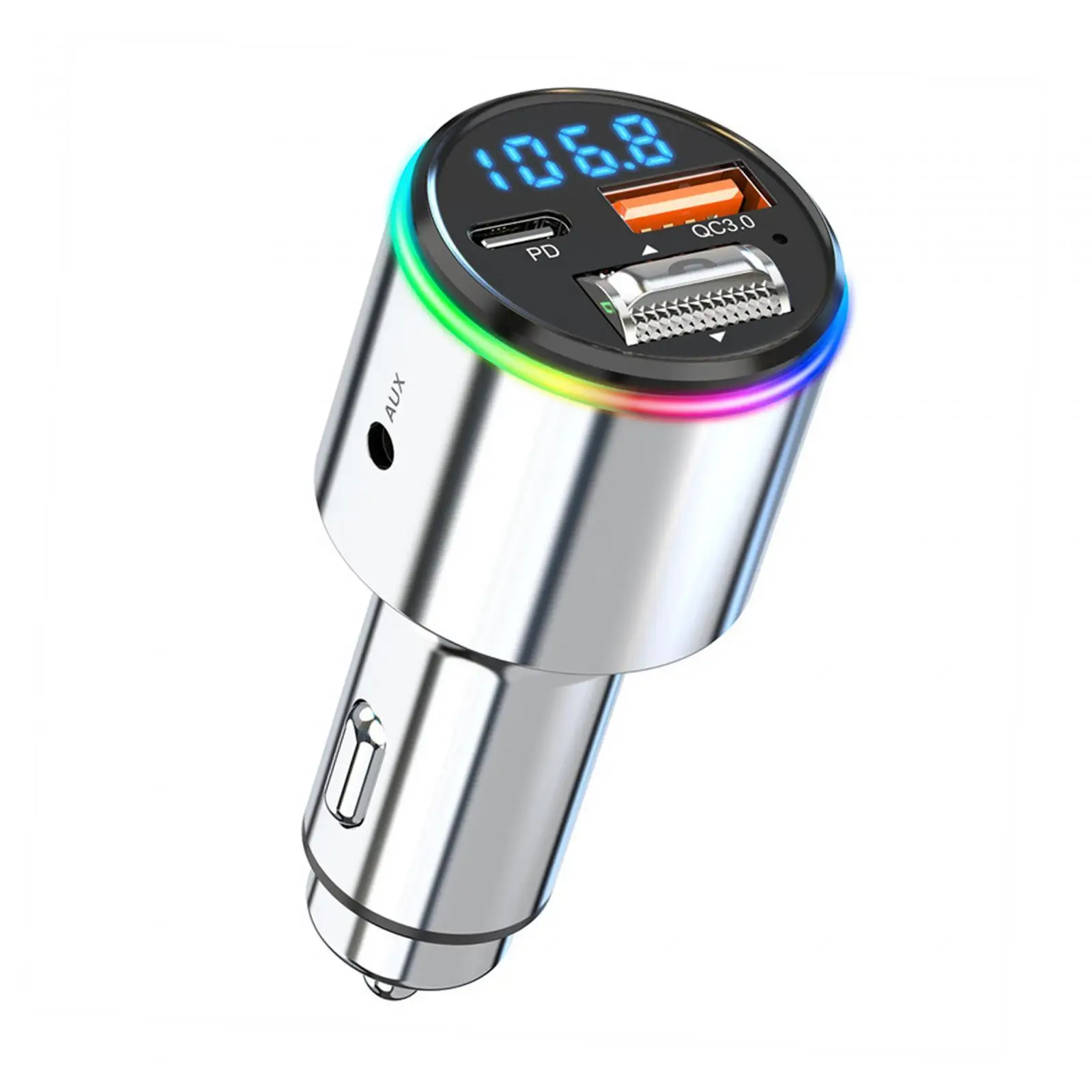 

V5.3 FM Transmitter for Car Hands Free Calling BC1.2 with Mic with RGB Color AUX Input Output Bluetooth Car Adapter for SUV