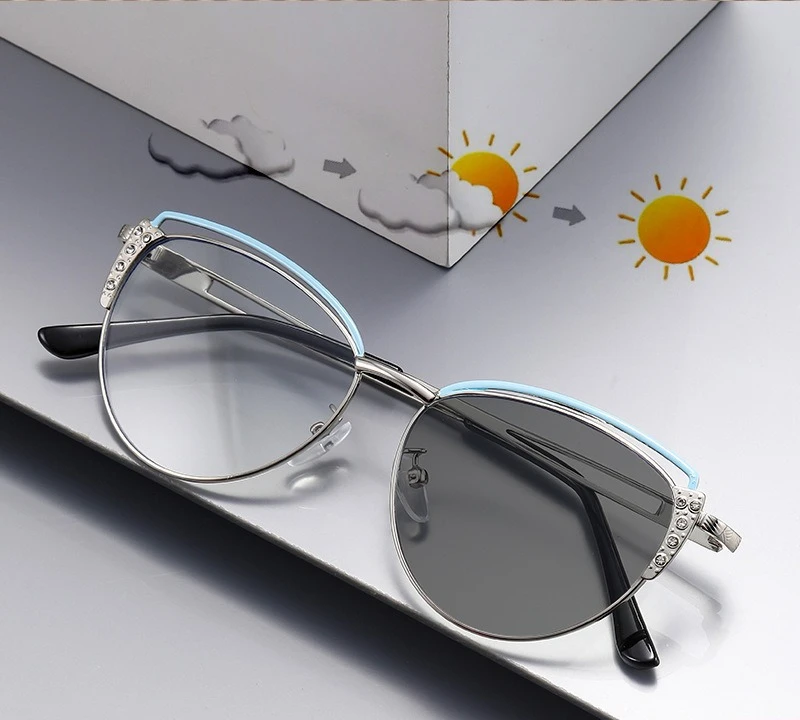 

Европейские и американские оправы для очков «кошачий глаз» для женщин, модные металлические меняющие цвет очки с защитой от синего света и металлом