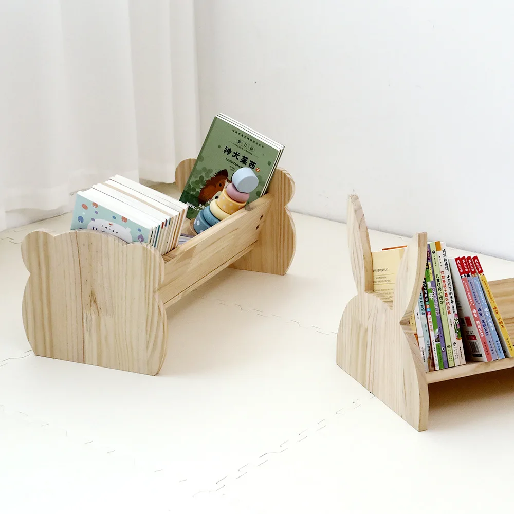 Korea Solid Wood Children Small Bookshelf Floor Baby Cartoon Picture Book Rack Animal Modeling Kindergarten Desktop Storage