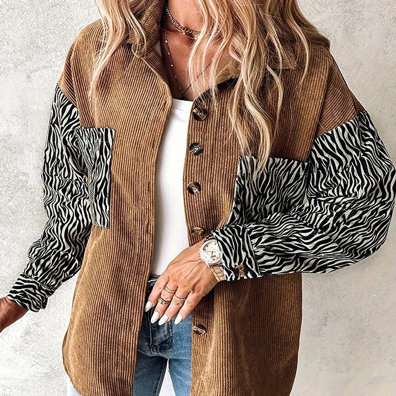 

Casual Woman Jacket Streetwear New 2024 Autumn Colorblock Zebra Stripe Print Corduroy Shacket Fashion Versatile Coats Top Y2k