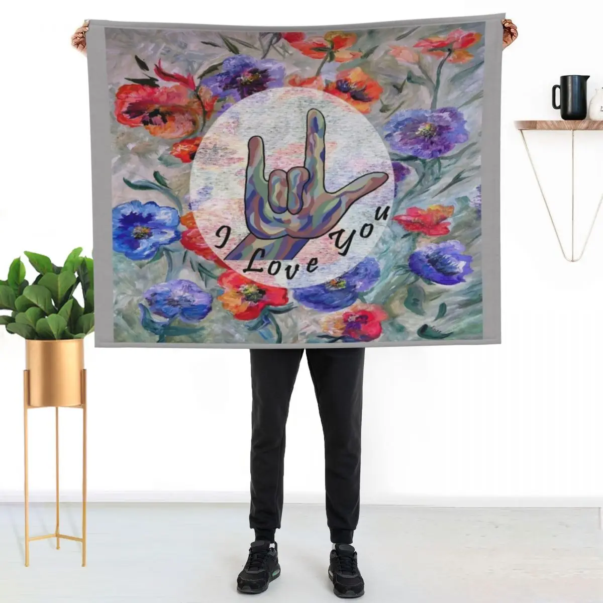 

ASL Flowers and I Love You Throw Blanket Men's Soft Warm Throw Blanket for Couch