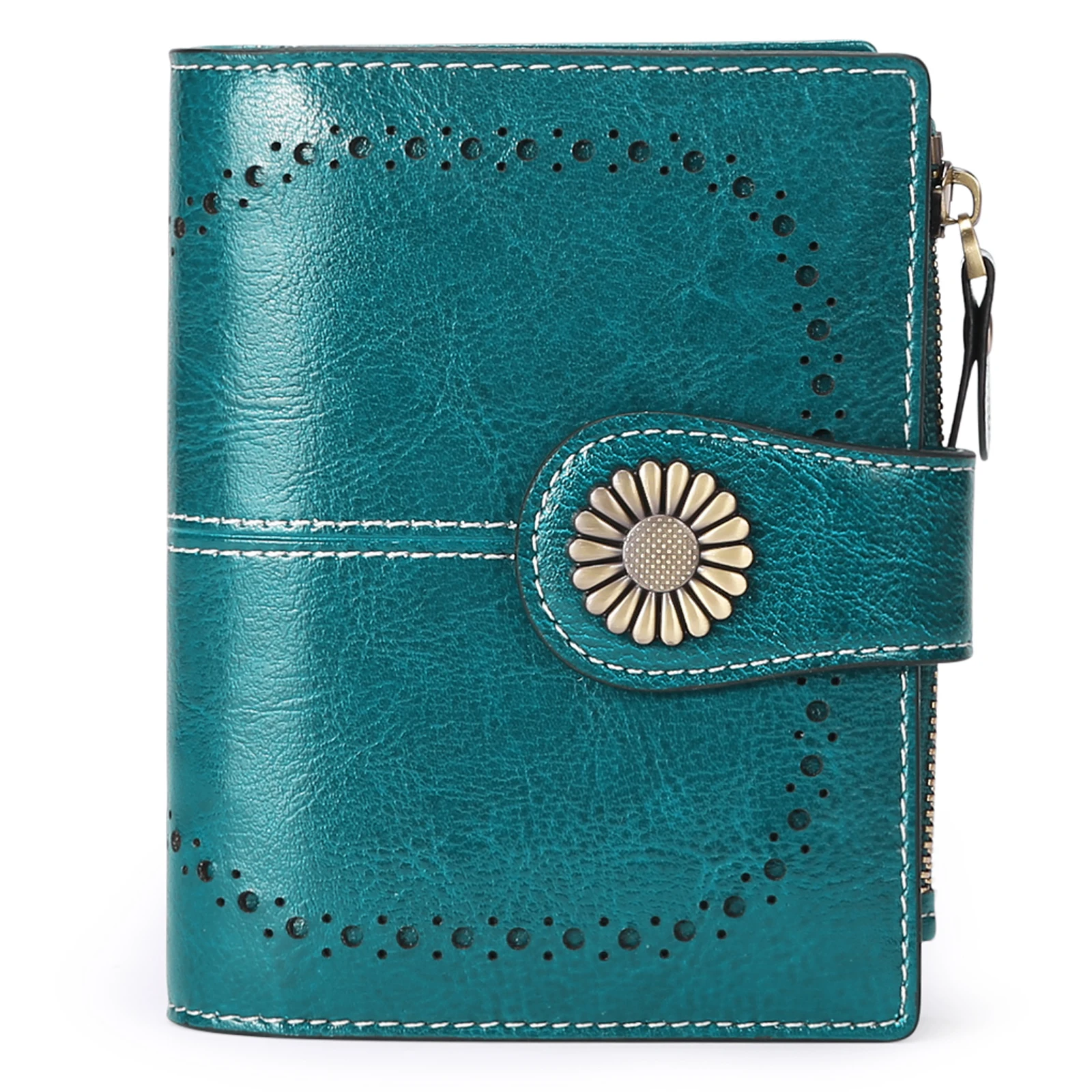 New Women RFID Blocking Genuine Leather Wallet Vintage Sunflower Buckle Short Purse 16 Card Slots ID Window Zipper Female Wallet
