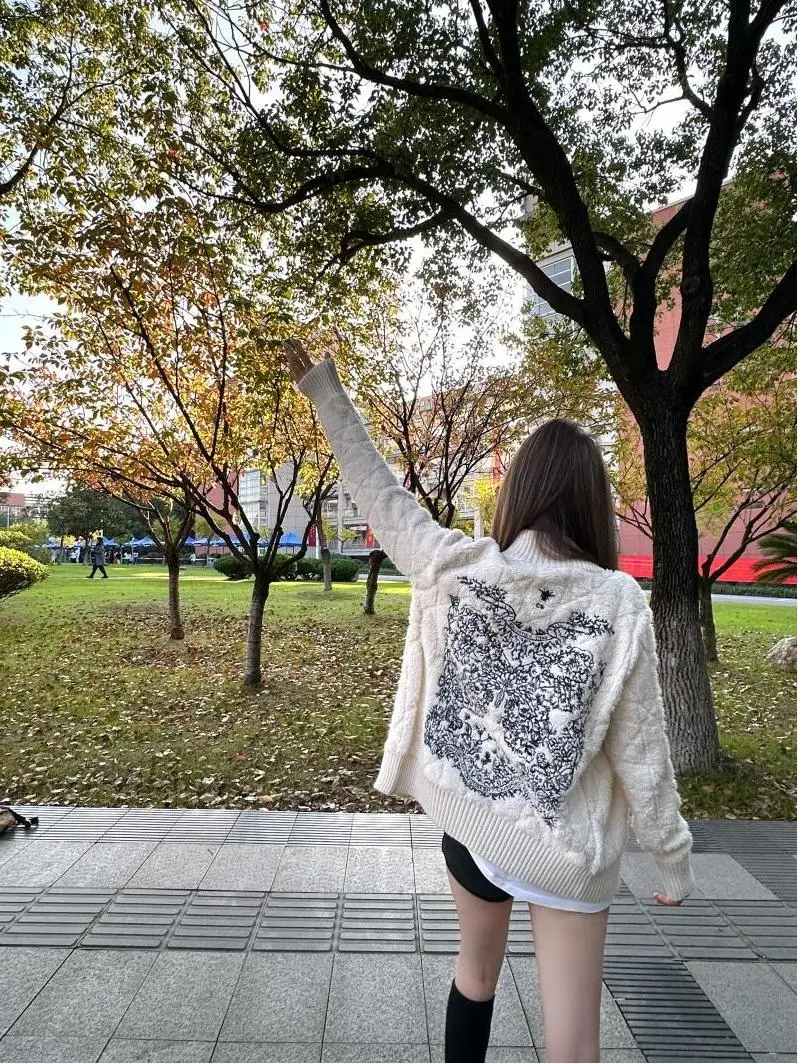 

Retro Embroidered Knitted Sweater Women's Loose Long Sve Stand Collar Outerwear Winter New Design Casual Comfortable Top