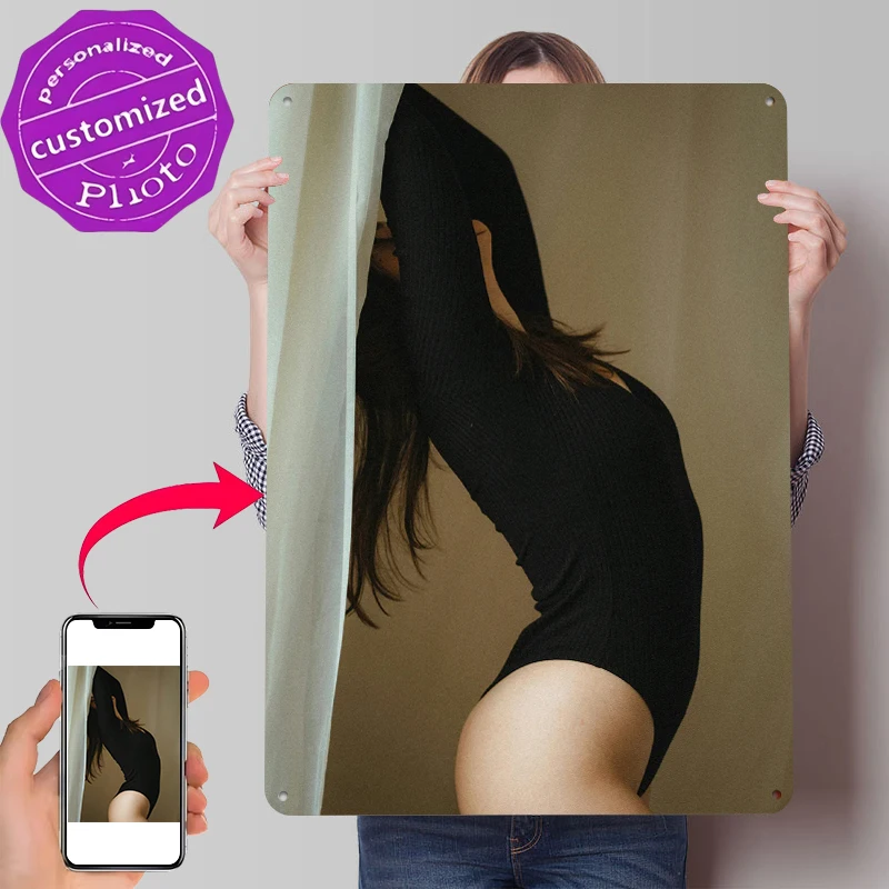 Woman in Black Bodysuit Posing Behind Curtain Metal Poster Customized Wall Art Retro Vintage Tinplate Signs for Home Decor Room