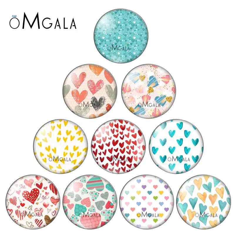 Colorful Love Heart Patterns 10pcs 12mm/14/16/18mm/20mm/25mm Round photo glass cabochon demo flat back Making findings