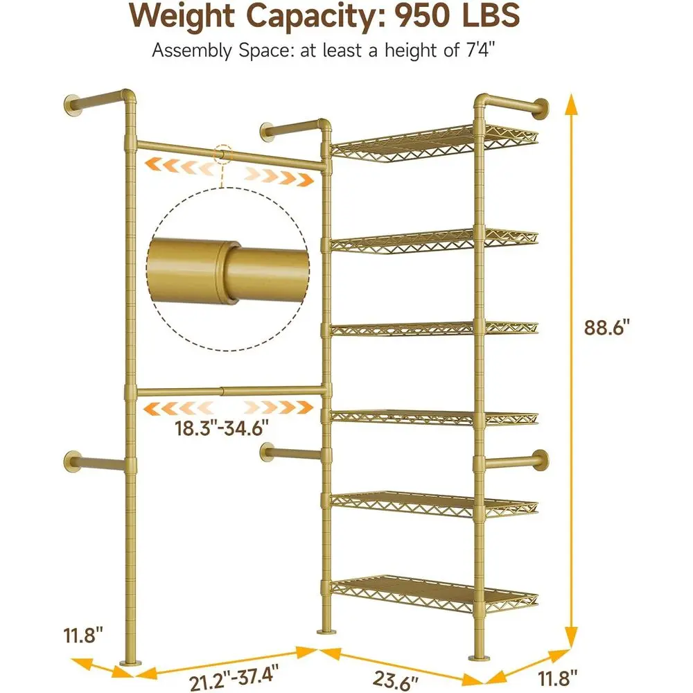 L2 Wall Mounted Closet System, Industrial Pipe Clothing Rack Clothes Racks with 2 Rod & 6 Shelves, Heavy Duty Closet Organizers