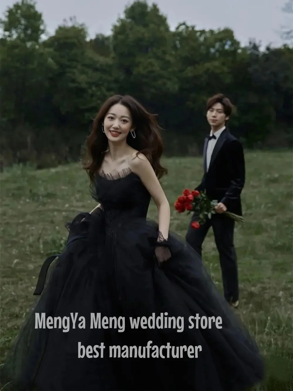 ZHUISHU New Vintage Black Wedding Dress Couple Outdoor Forest Grass Lawn Photography Theme Clothing Strapless Draped Korean Sle