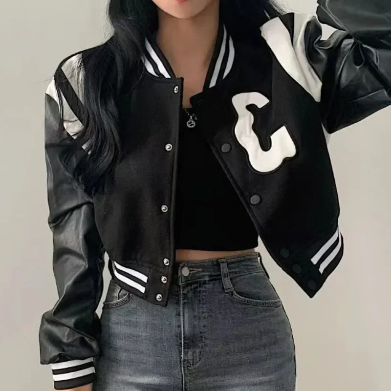 Jaqueta bomber cortada para mulheres, moda coreana vintage, jaquetas curtas de beisebol gótico extragrande, streetwear chique Kpop, casaco de inverno, 2023