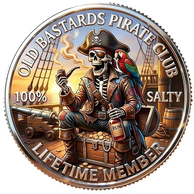 5pcs Old Bastards Pirate Club Challenge Coins Funny Skeleton Pirate Lifetime Member Commemorative Coin Gift for for Pirate Lover