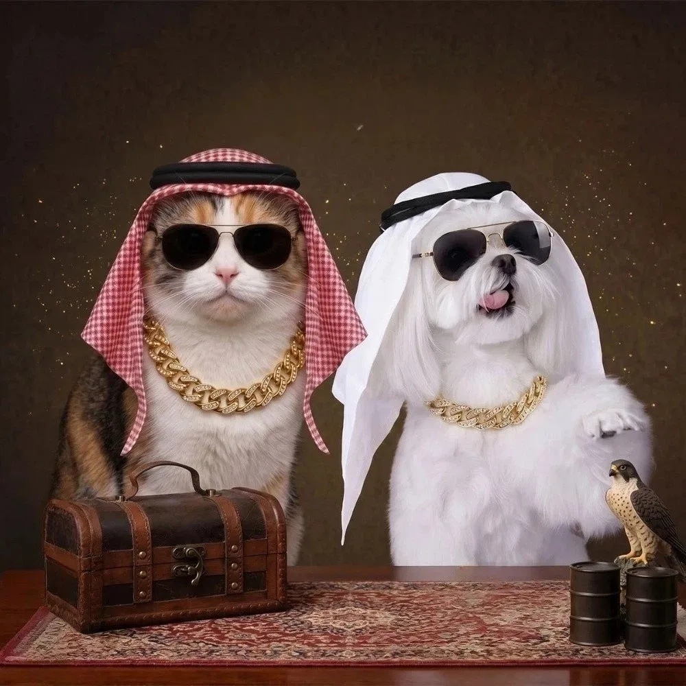 Conjunto de disfraz triangular para mascotas con hiyab, estilo medioriental, para perros y gatos, con cadena cubana.