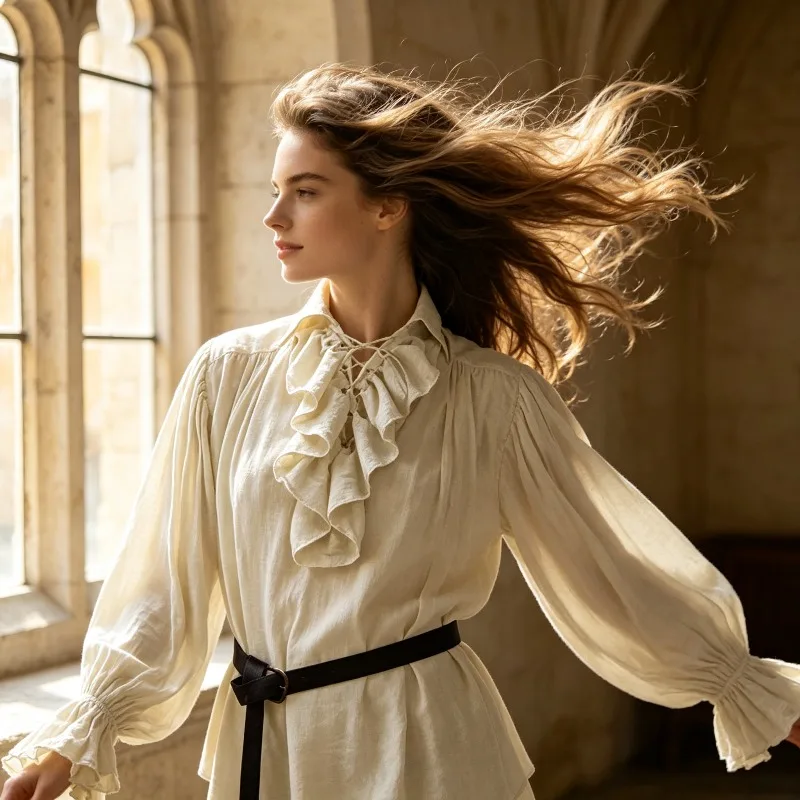 Perfect for Halloween Role-playing and Stage Performances Medieval Renaissance Lace Up Shirt with Bubble Sleeves