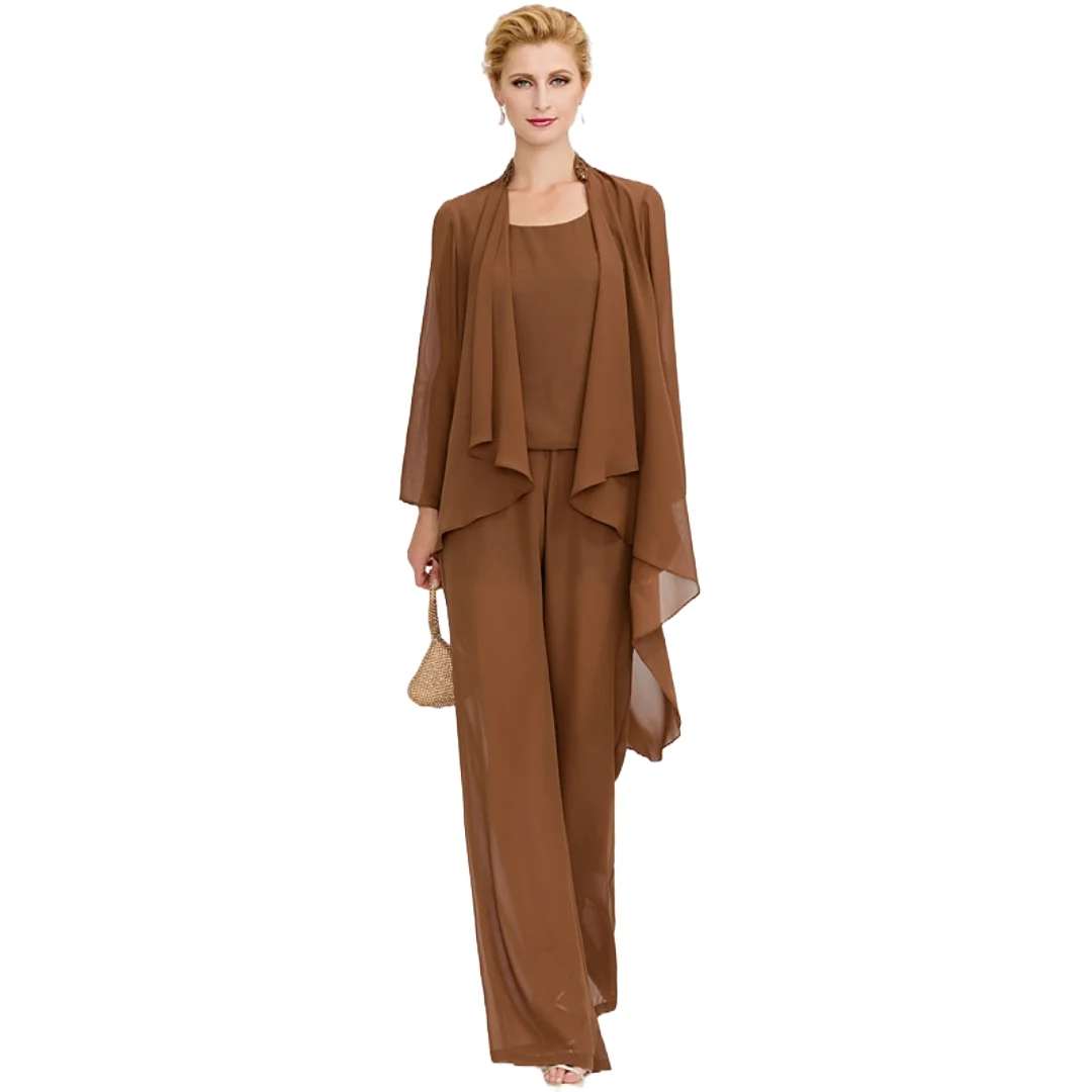 Customized Mocha Brown 3-Piece Chiffon Pantsuit with Draped Jacket Mother of the Bride or Groom at Weddings and Formal Events