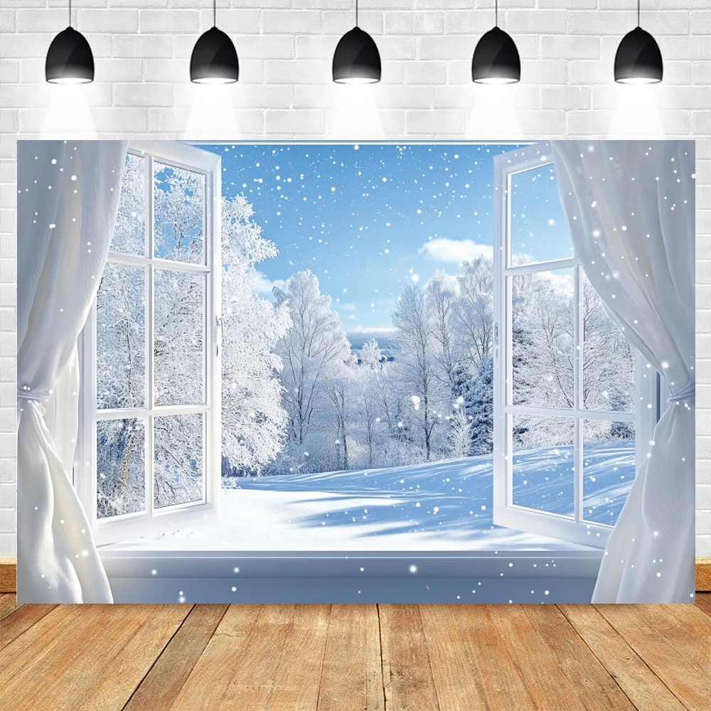 Winter Snow Scene Backdrop Blue Sky White Snowy Window Forest Wonderland Christmas New Year Kids Photography Background Decor