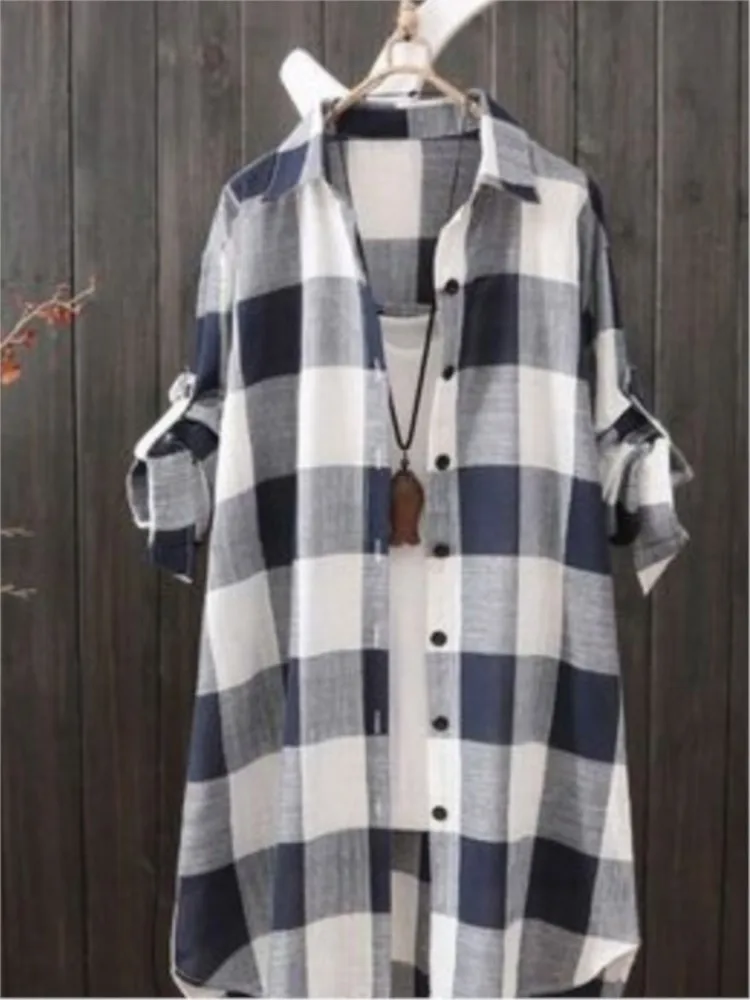 Fashion Plaid Shirt Long Women\'s Tops Spring Autumn Full Sleeve Casual Loose Print Button Blouse Coat Female Beach Cover-up