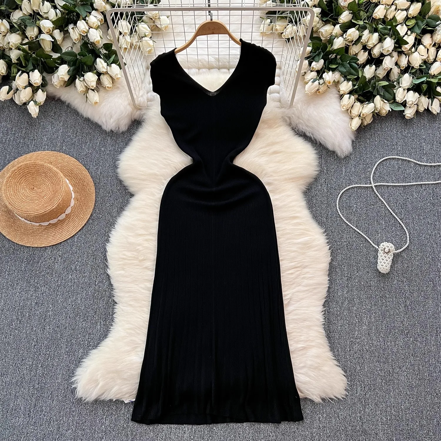 YuooMuoo Casual Comfy Knitted Long Dress Women Summer V-neck Elastic Solid Mermaid Dress Fashion Office Lady Korean Knit Bodycon