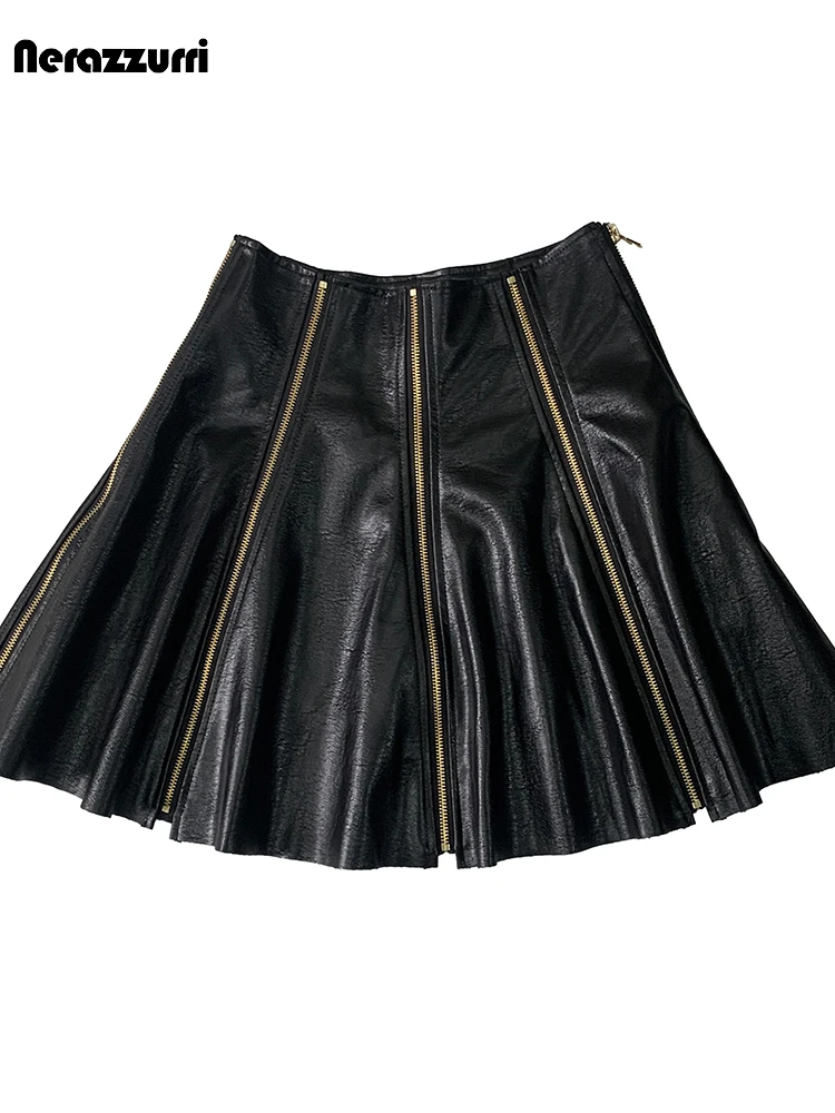 Nerazzurri Autumn Luxury Black Pu Leather Mini Skirt Women with Many Zippers Elegant Chic Short Elegant Luxury Designer Clothes
