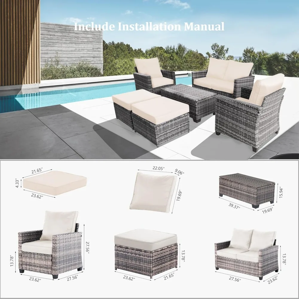 6 Piece Rattan Outdoor Patio Furniture Set with Storage Box, Weather-Resistant Outdoor Rattan Wicker Conversation Set