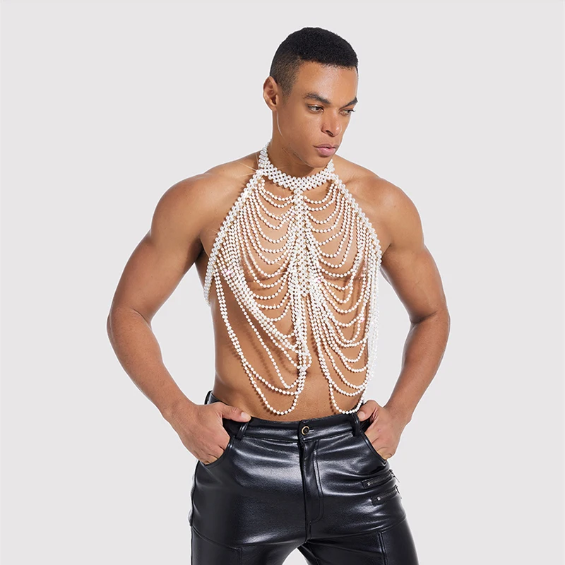 Tolle mehrschichtige Perlen-Körperkette für Herren, Tank-Tops, modische Halskette, sexy Accessoire, Herrenbekleidung, Muskelshirt, Leibchen 2026 – Detail 2
