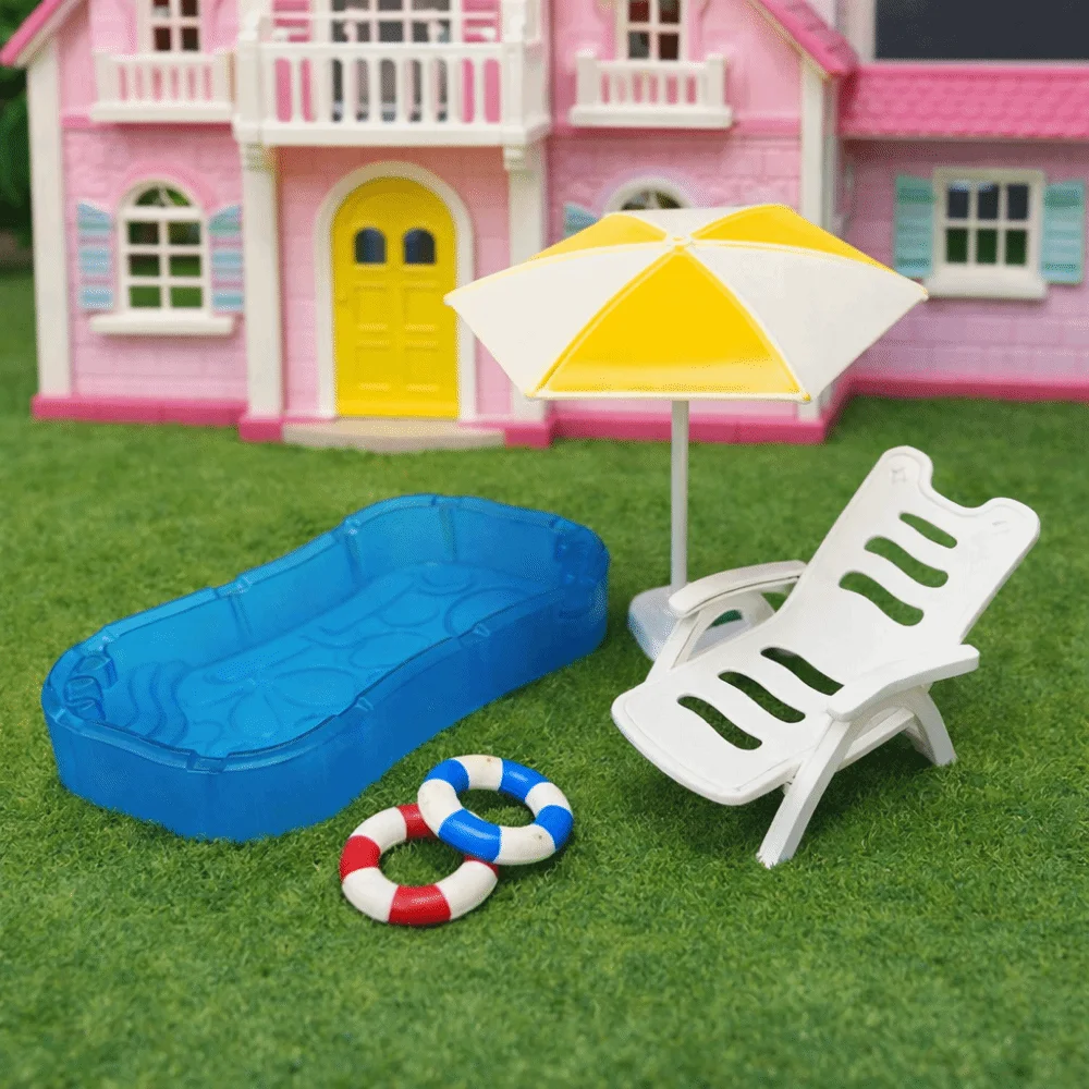 Multicolor Dollhouse Pool Scene Beach Umbrella Plastic Miniature Beach Bench Swimming Ring Photo Props Doll House Accessories